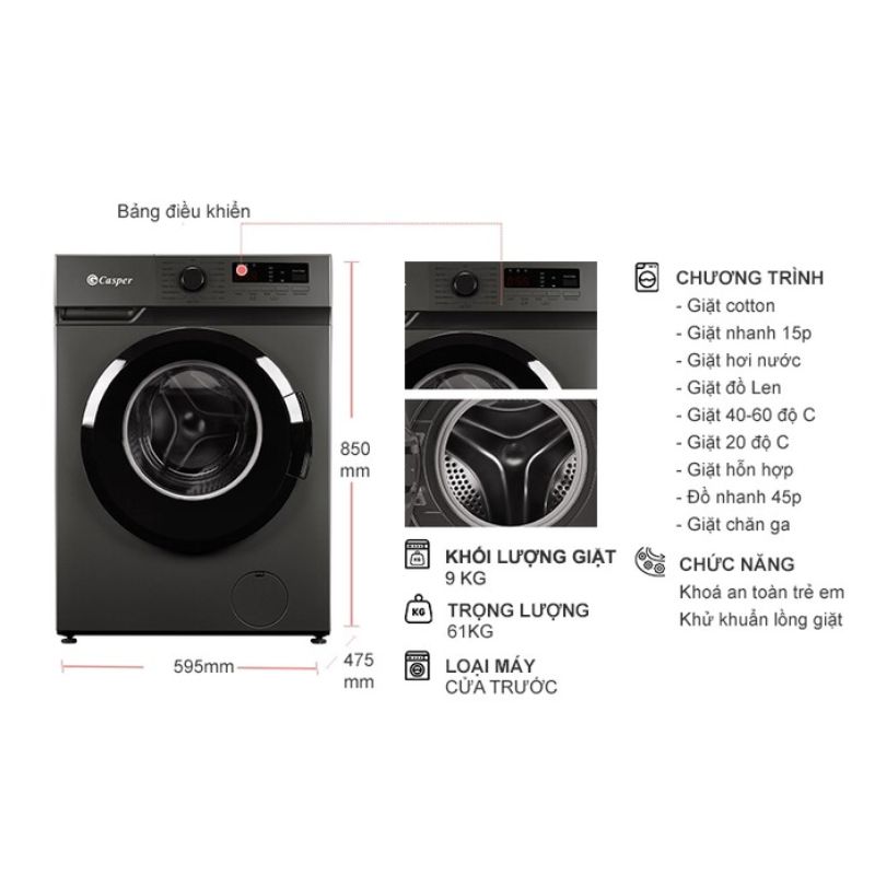Máy Giặt Casper Inverter 9 Kg WF-9VG1 cửa trước 5 Kích thước máy Giặt Casper Inverter 9 Kg WF-9VG1 cửa trước